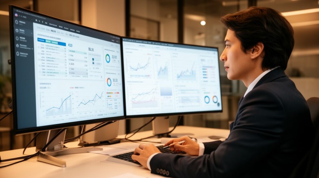 Dirigeant de PME analysant des données stratégiques sur écran - intelligence économique