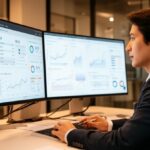 Dirigeant de PME analysant des données stratégiques sur écran - intelligence économique