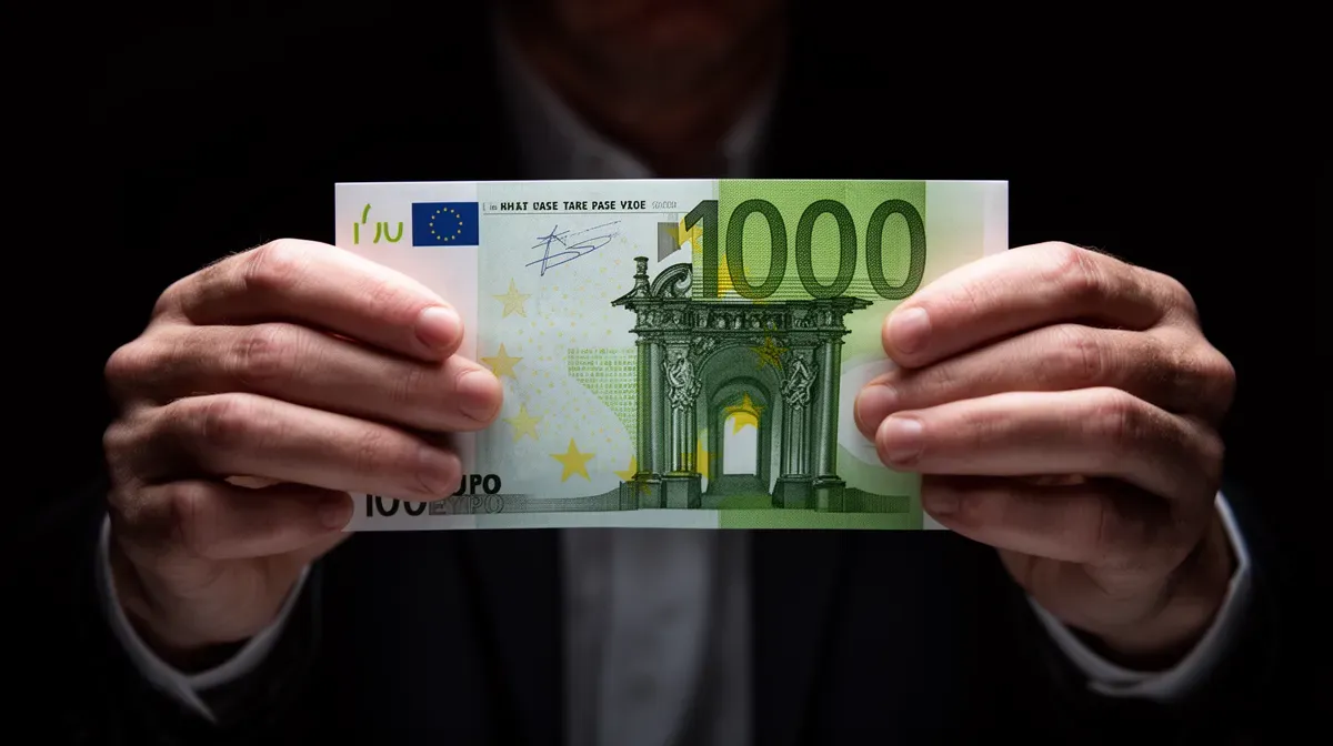 Mains tenant un faux billet de 1000 euros, arnaque monétaire