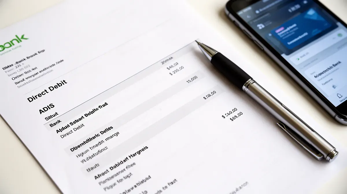 Gros plan sur un relevé bancaire avec un prélèvement ADIS, un stylo et un smartphone à côté