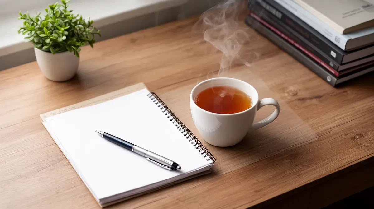 Espace de travail d'un coach de vie avec carnet, stylo et tasse de thé