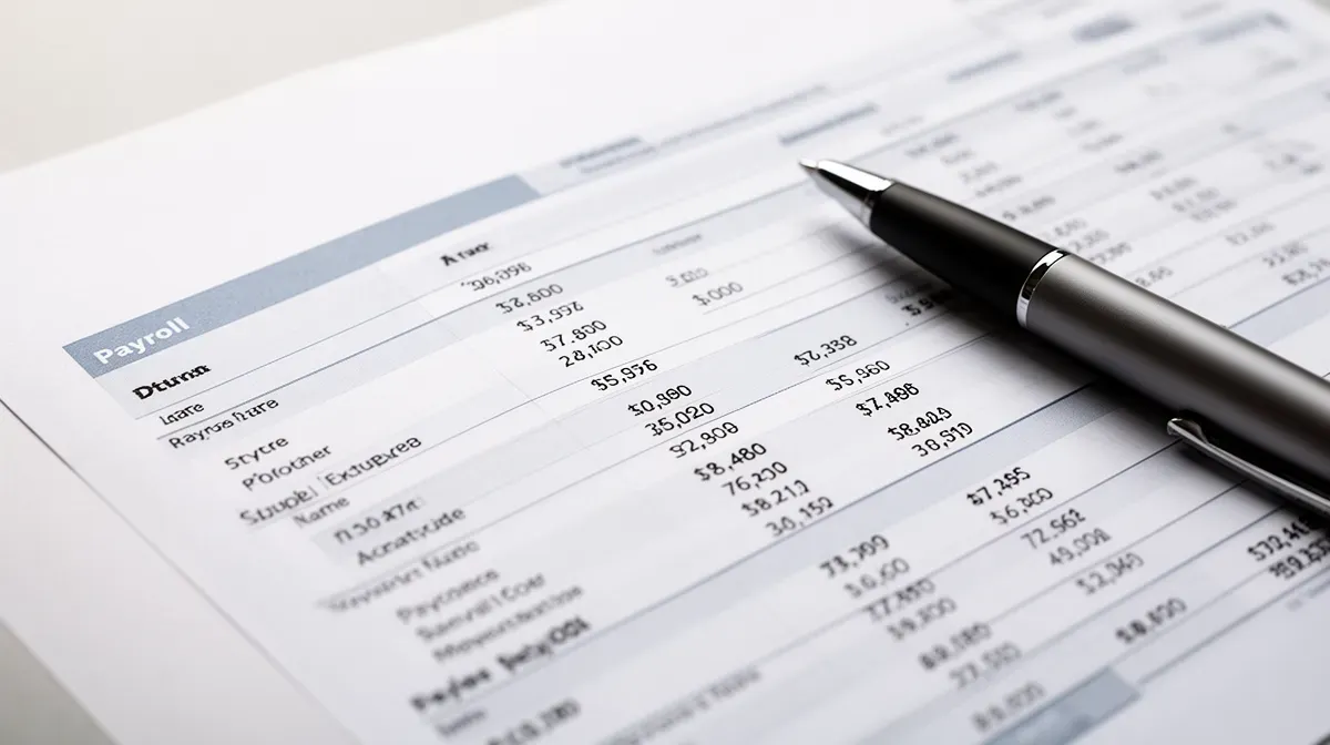 Gros plan sur un document de paie avec un stylo, illustrant le calcul des charges patronales