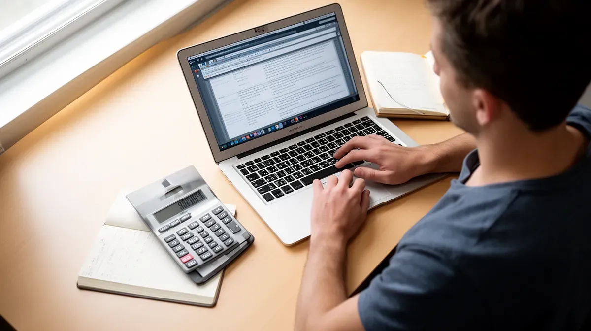 Personne utilisant un ordinateur portable avec une calculatrice et un carnet, illustrant l'utilisation de simulateurs de coût employeur