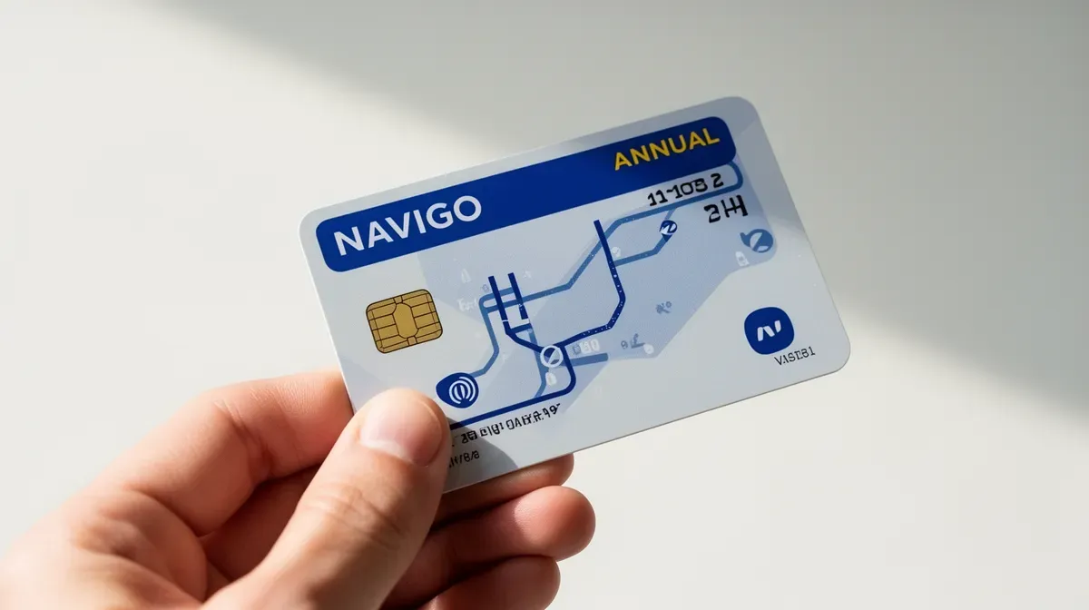 Gros plan sur une carte Navigo annuelle tenue à la main, symbolisant l'abonnement annuel de transport