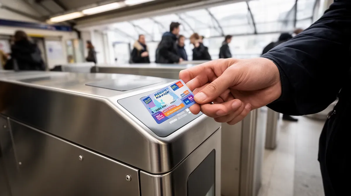 Plan large d'un voyageur validant son pass Navigo à un tourniquet de métro, illustrant l'utilisation du service Liberté+