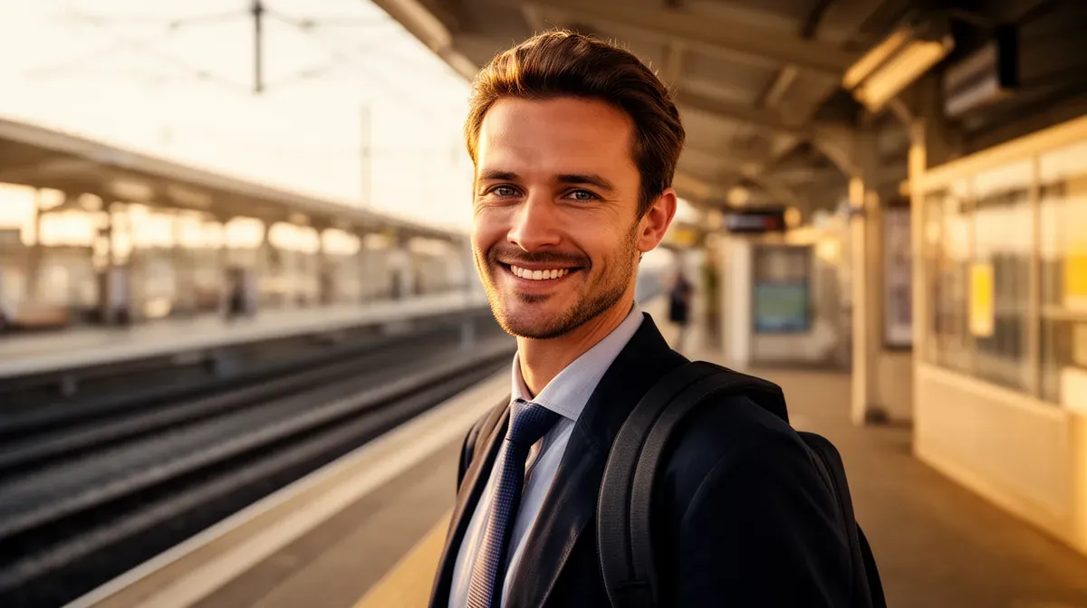 Plan moyen d'un voyageur souriant sur un quai de gare, illustrant les avantages du prélèvement Comutitre