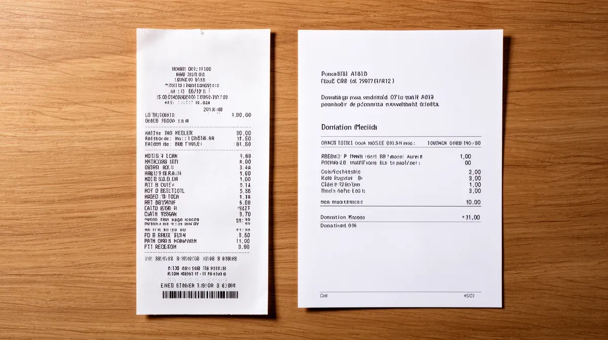 Ticket de caisse Carrefour et reçu de don Croix-Rouge côte à côte sur une table en bois