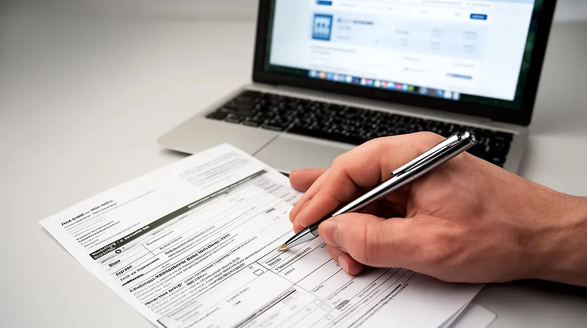 Main tenant un stylo au-dessus d'un relevé bancaire, ordinateur portable avec site bancaire en arrière-plan