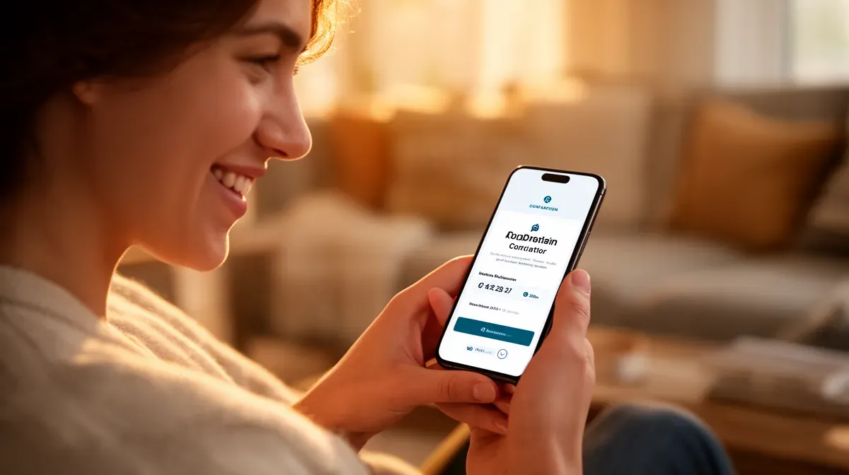 Personne souriante regardant un smartphone affichant une confirmation de don, ambiance chaleureuse