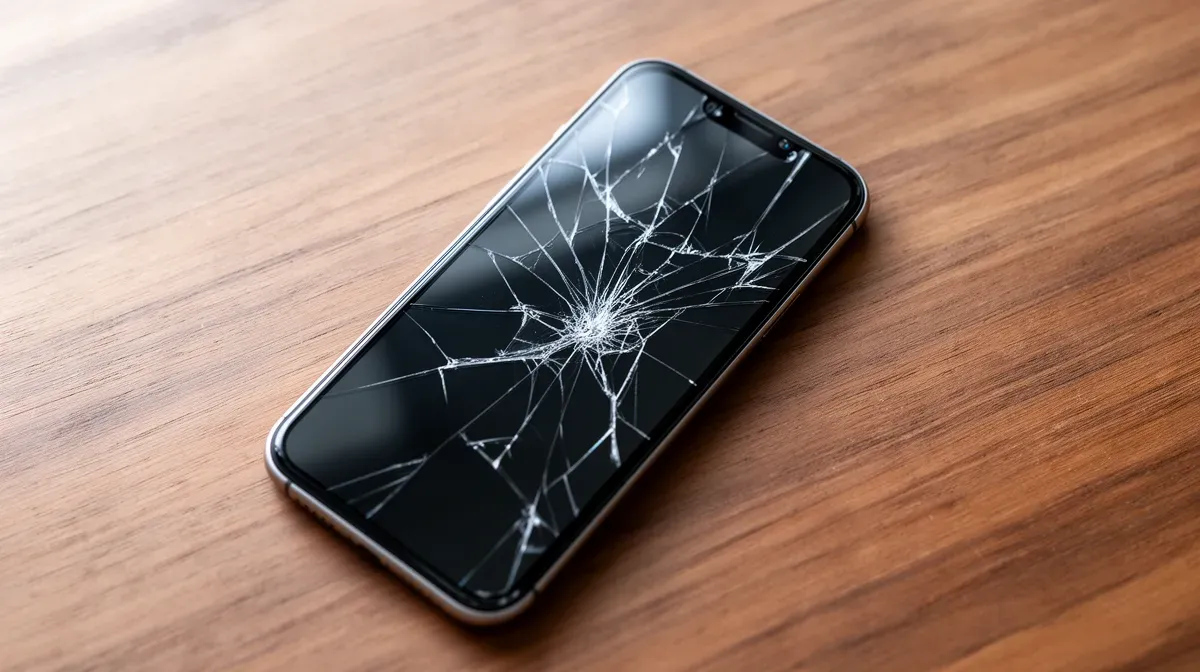 Smartphone avec écran fissuré sur une table en bois, vue de dessus