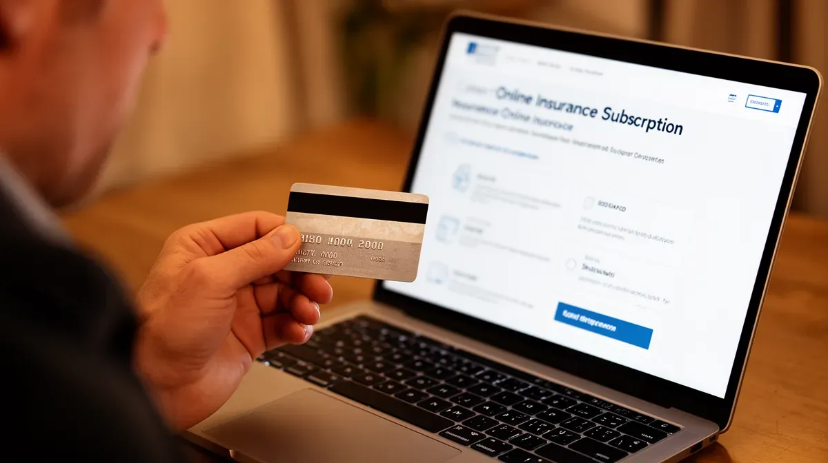 Main tenant une carte de crédit devant un écran d'ordinateur affichant une page de souscription d'assurance