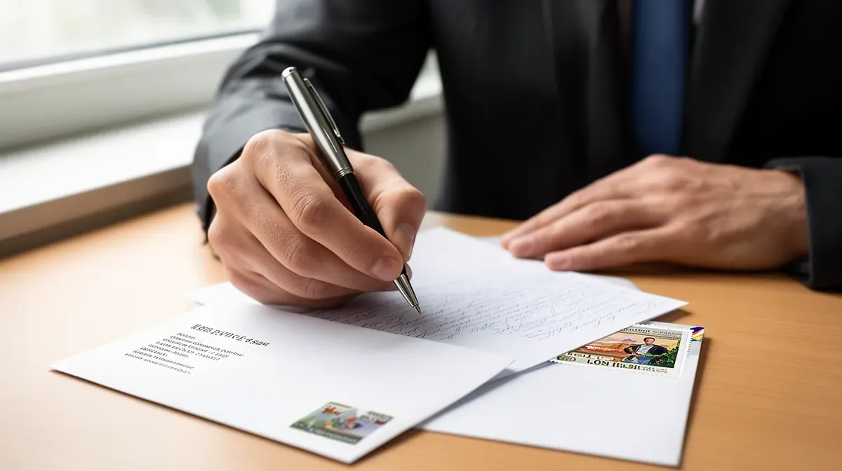 Personne écrivant une lettre de résiliation sur un bureau avec enveloppe et timbre