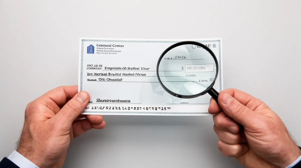 Gros plan sur un chèque examiné par un employé de banque avec une loupe