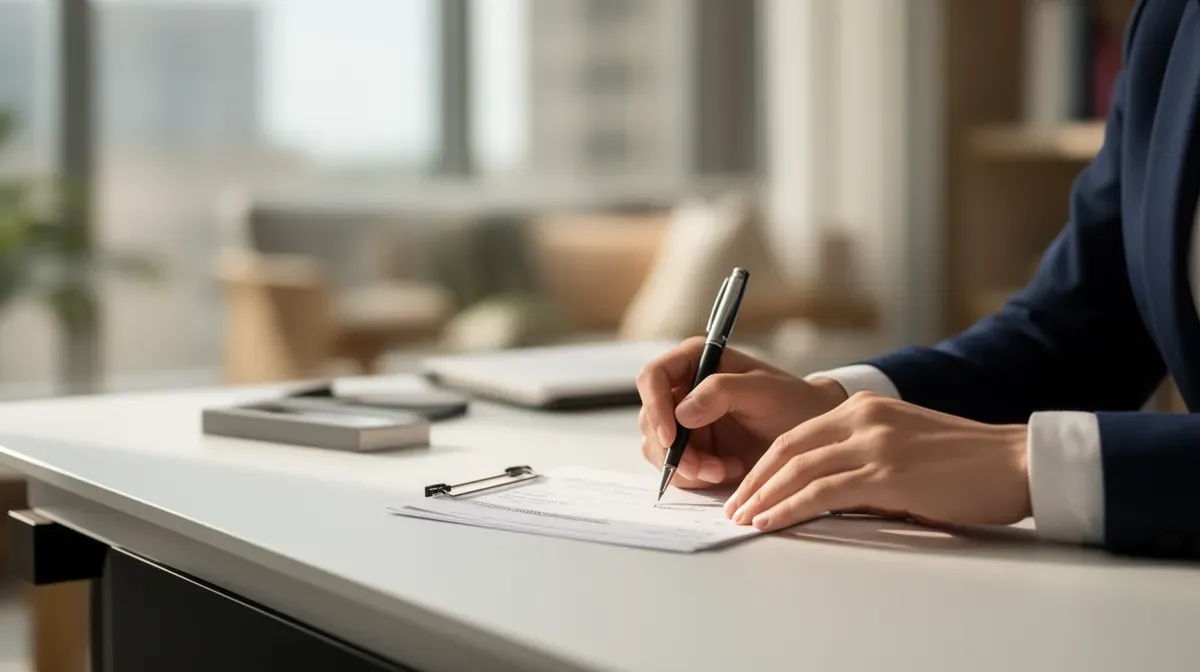 Personne signant un chèque dans un bureau moderne, lumière naturelle