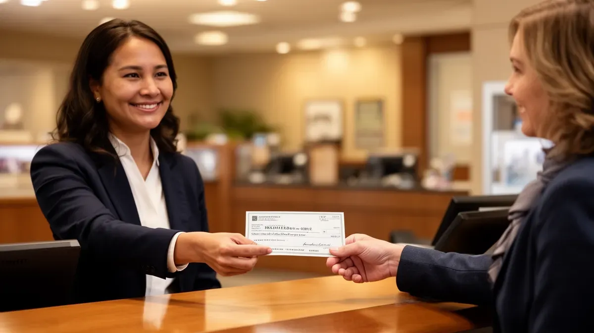 Employé de banque remettant un chèque de banque à un client au guichet