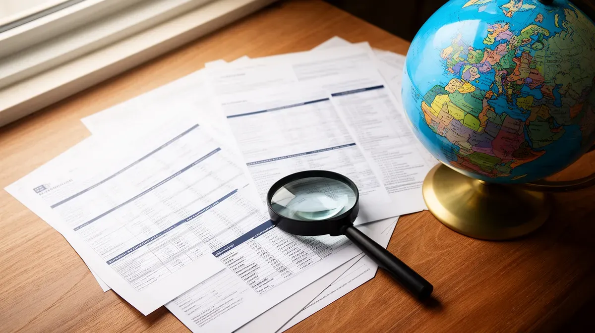 Vue de dessus d'un bureau avec des documents financiers, une loupe et un globe terrestre, illustrant une enquête sur des placements offshore