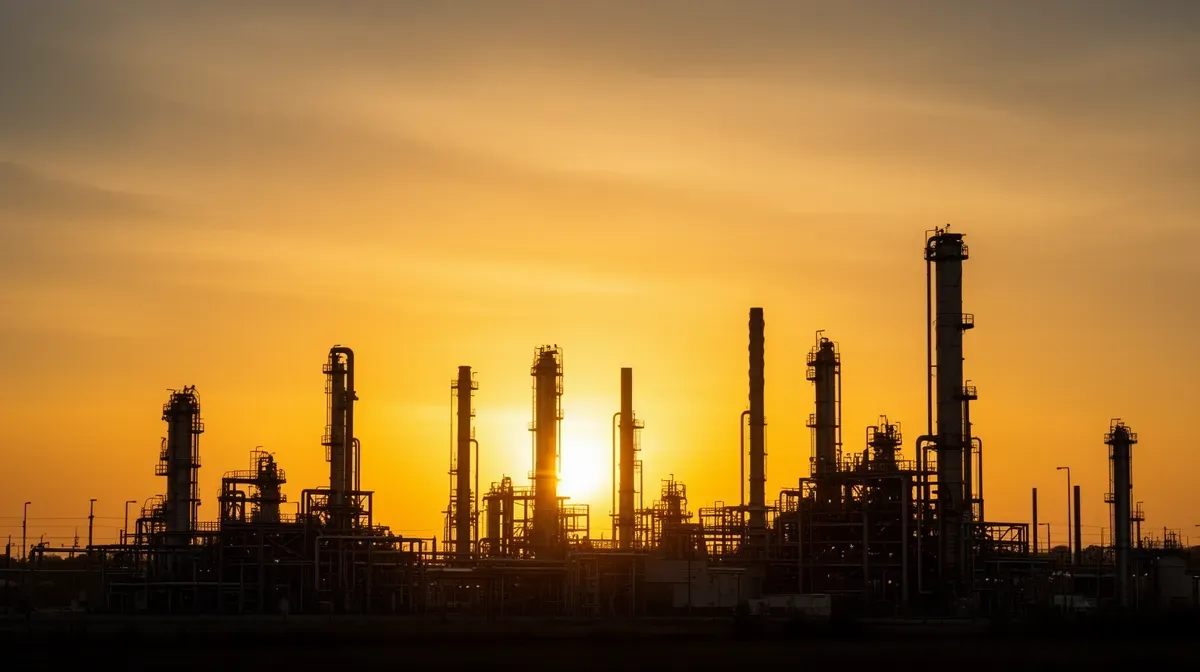 Raffinerie de pétrole au coucher du soleil, symbolisant le paradoxe entre la transition énergétique et les intérêts pétroliers familiaux
