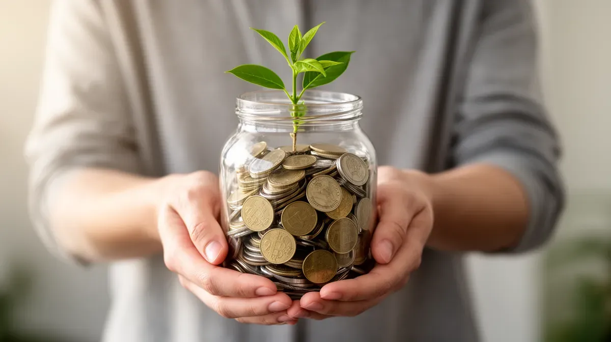 Mains tenant un bocal en verre transparent contenant des pièces de monnaie et une petite plante, représentant la finance éthique et la transparence
