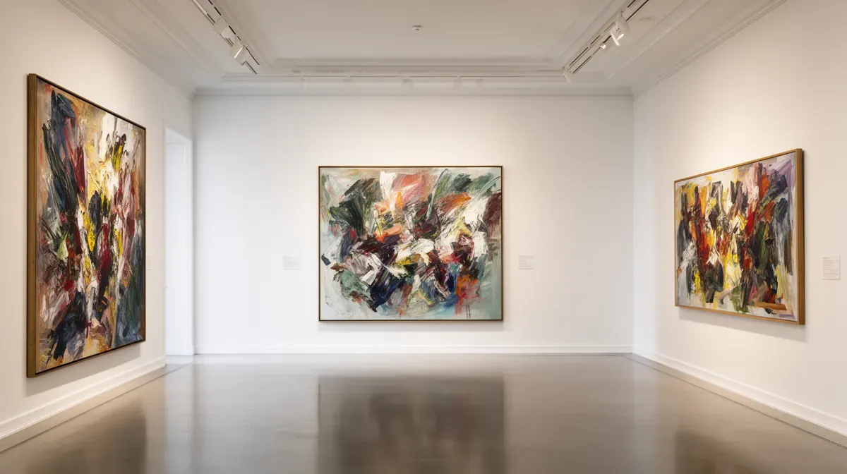 Galerie d'art avec des œuvres abstraites, évoquant le paiement en œuvres d'art d'Alain Minc