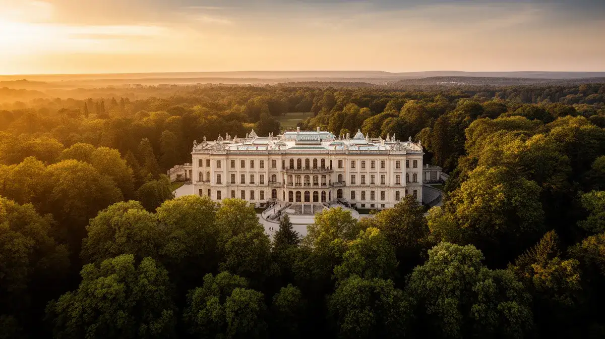 Palais luxueux caché dans une forêt, photographié par drone au coucher du soleil, symbole de la corruption dénoncée par Navalny