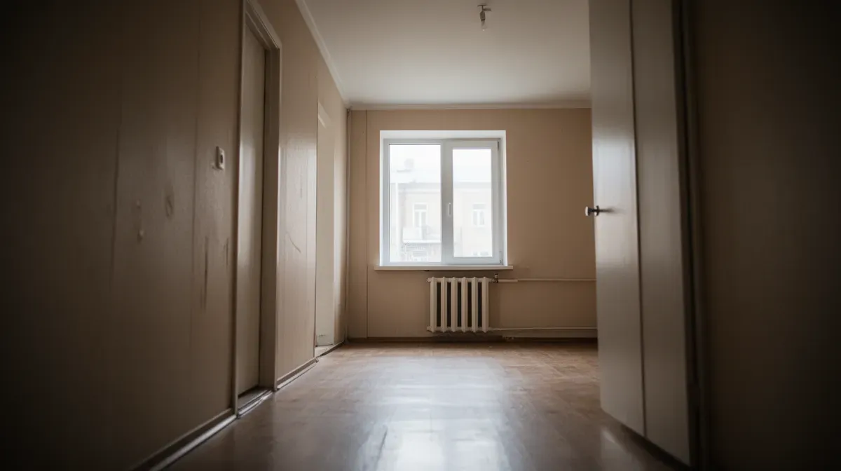 Intérieur modeste d'un appartement, lumière naturelle douce, ambiance humble, en contraste avec le luxe des élites