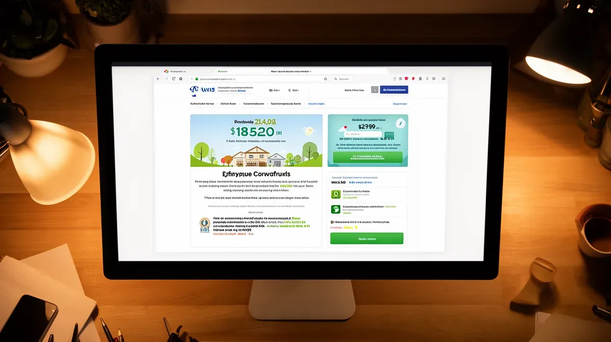 Page de financement participatif sur un écran d'ordinateur, vue de dessus, ambiance de travail concentré