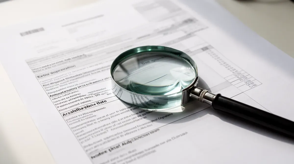 Document financier détaillé avec une loupe posée dessus, symbolisant l'examen minutieux de la déclaration de patrimoine