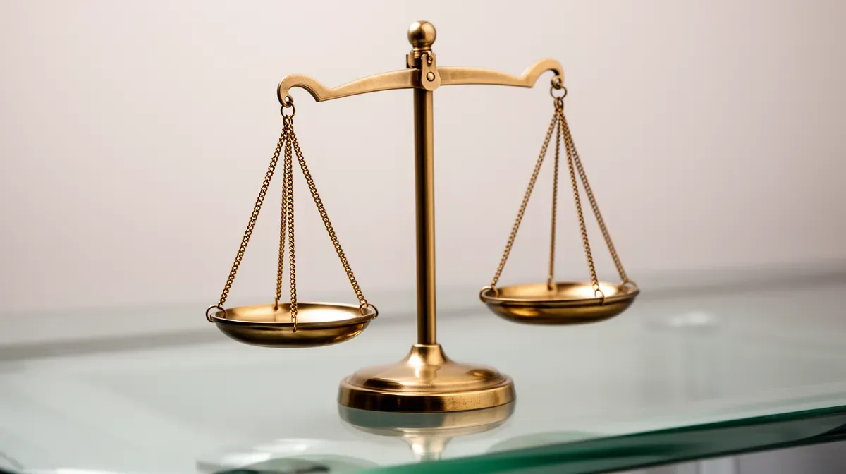 Balance de la justice sur une table en verre, représentant les avantages et inconvénients du contrôle du patrimoine