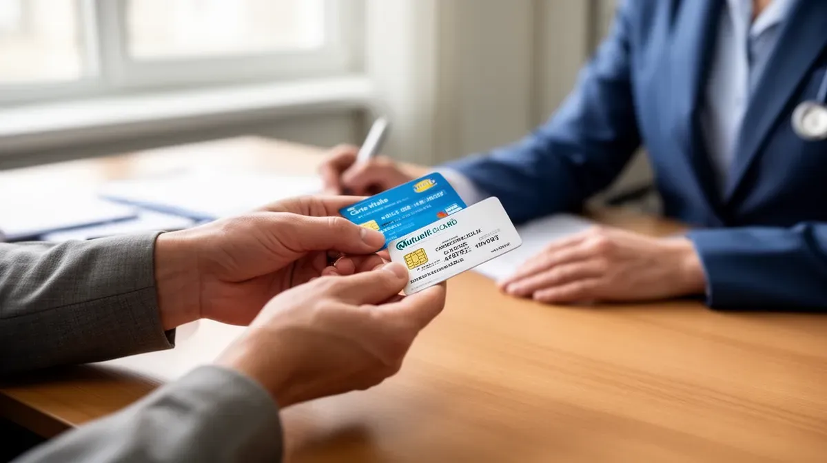 Gros plan sur les mains d'un patient remettant sa carte Vitale et sa carte de mutuelle au médecin lors d'une consultation
