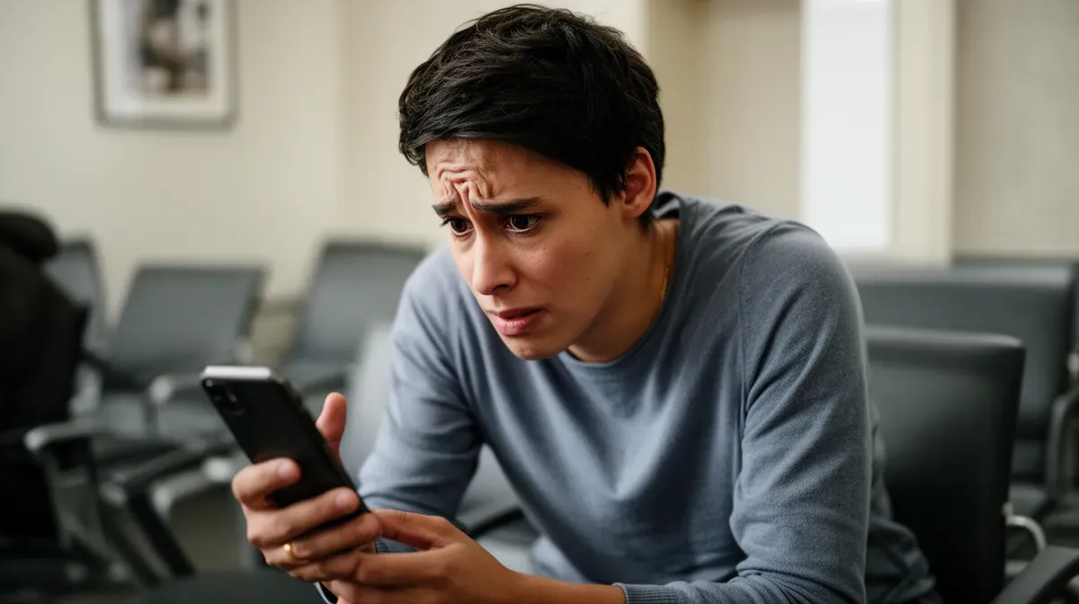 Patient consultant son téléphone avec inquiétude dans une salle d'attente, illustrant les limites du tiers payant