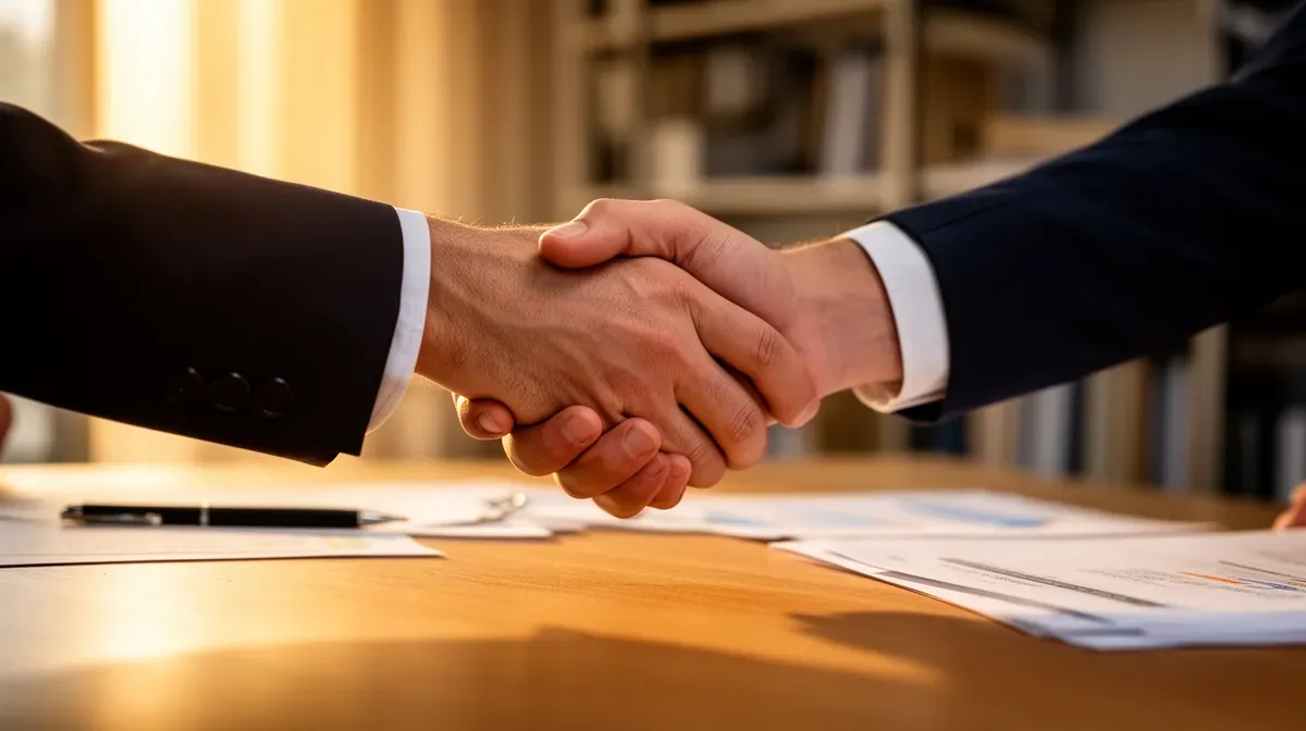 Poignée de main entre un conseiller bancaire et un client dans une agence LCL