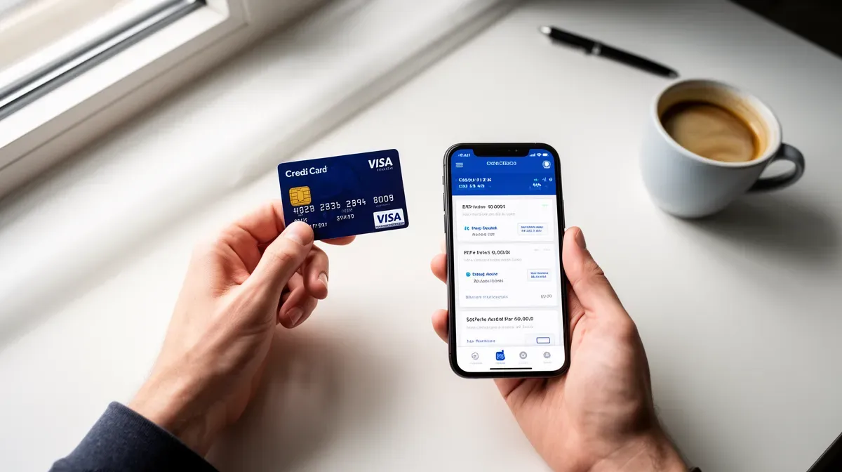 Carte bancaire et smartphone avec application bancaire sur un bureau
