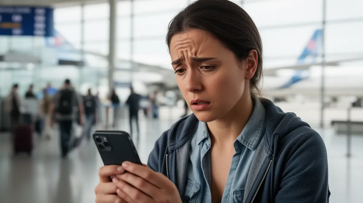 Voyageur regardant son smartphone avec inquiétude à l'aéroport