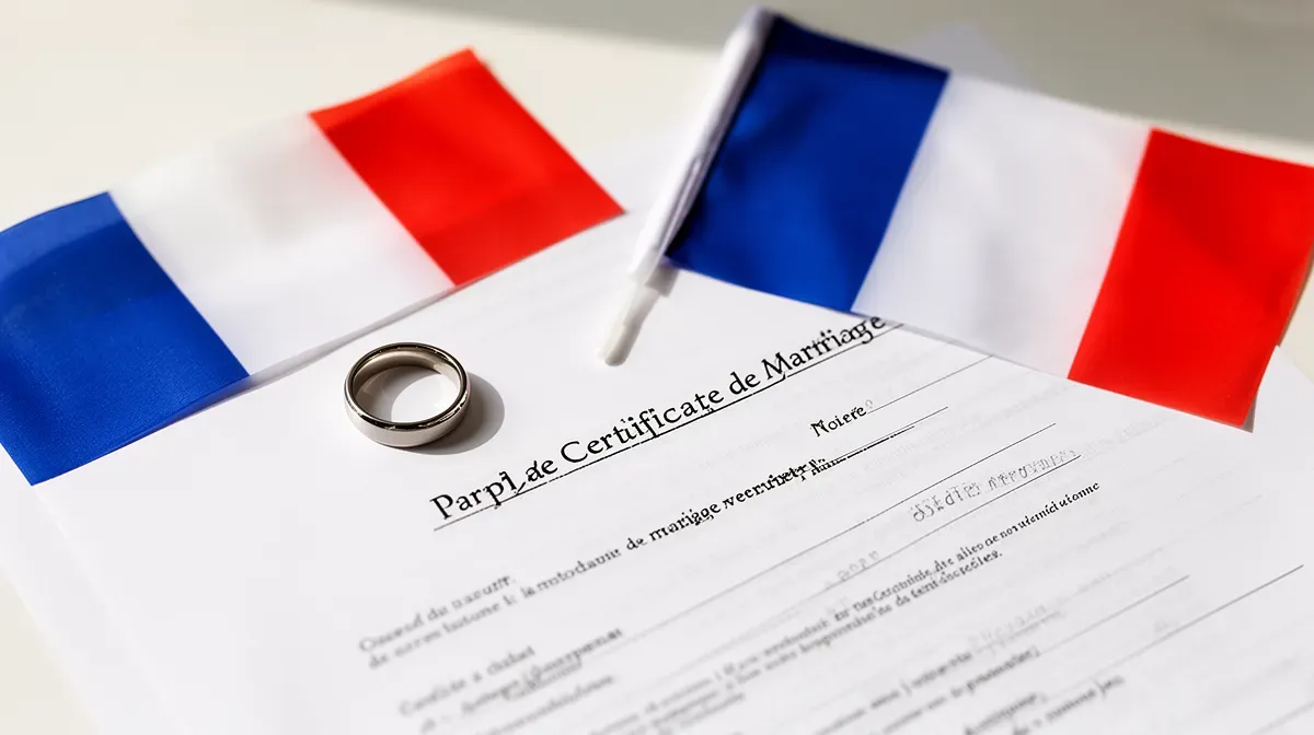 Acte de mariage français avec un anneau nuptial et un drapeau français, symbolisant la validité civile du mariage