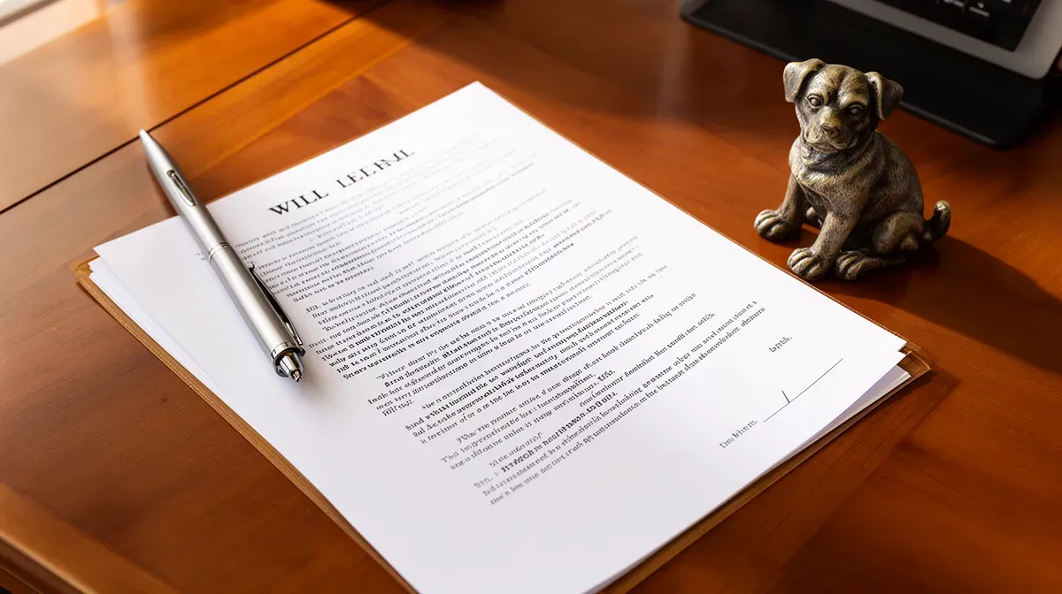 Bureau de notaire avec un testament, un stylo et une statuette de chien, représentant la planification successorale et la fondation animale
