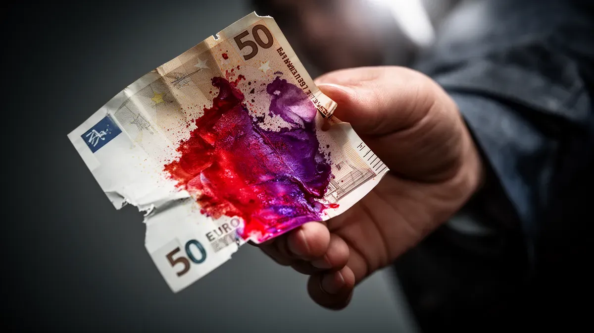 Main tenant un billet de 50 euros avec une large tache d'encre rouge suspecte, éclairage dramatique