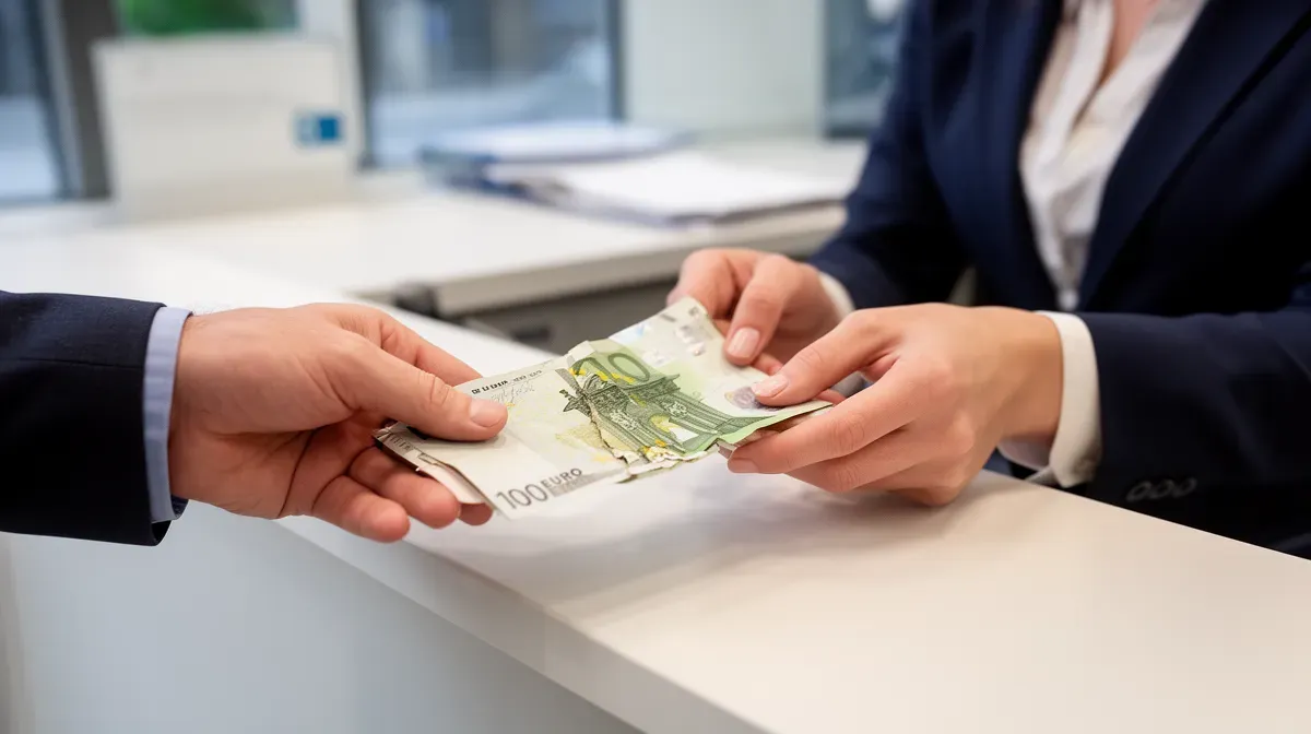 Échange d'un billet taché contre un billet neuf dans une banque, mains du guichetier