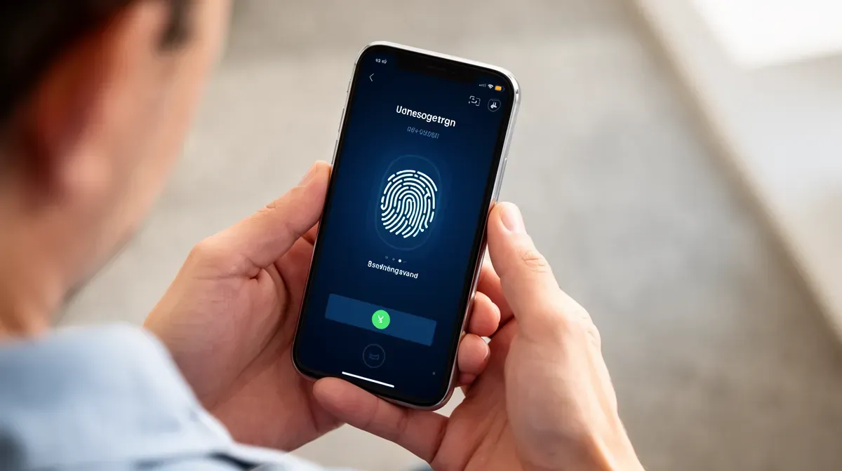 Personne tenant un smartphone affichant un écran d'authentification biométrique
