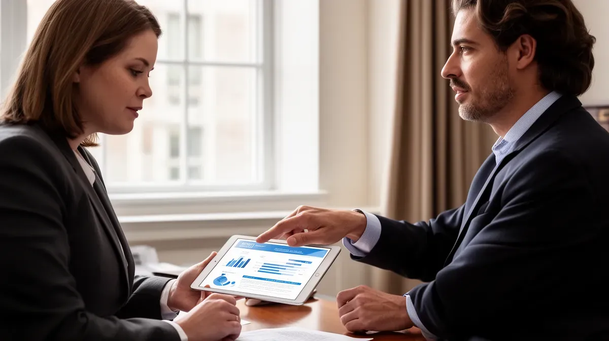 Conseiller CACMDS présentant des produits bancaires à un client