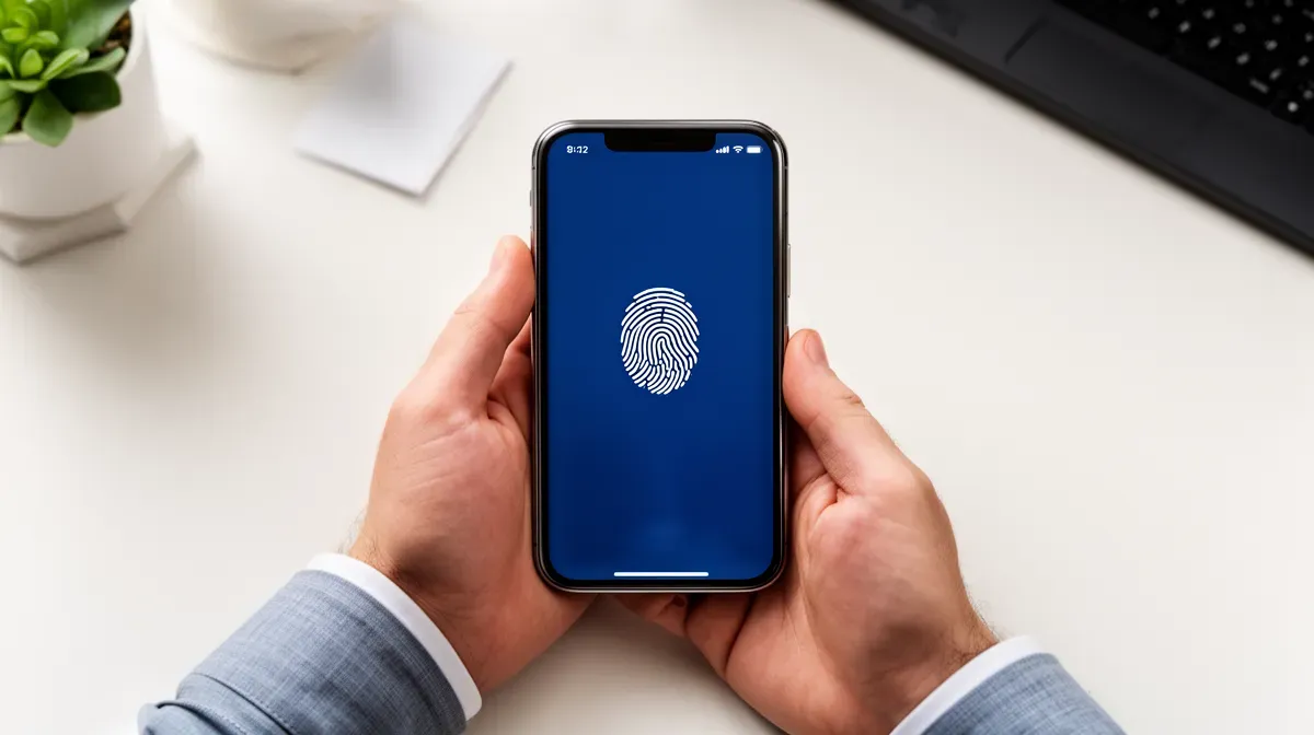 Smartphone affichant une interface d'application bancaire avec icône de reconnaissance biométrique