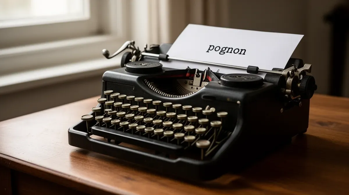 Machine à écrire ancienne sur un bureau en bois, avec le mot 'pognon' visible sur une feuille, illustrant la déclaration choc de Charles Consigny