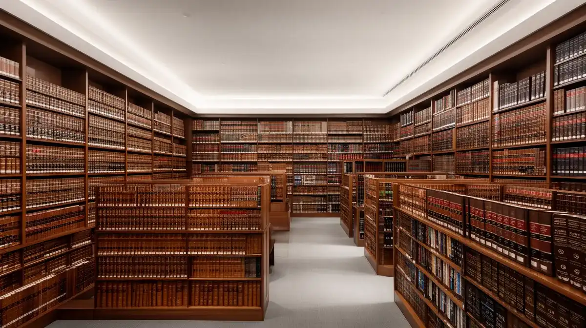 Bibliothèque de droit moderne avec des livres reliés en cuir, évoquant la profession d'avocat de Charles Consigny