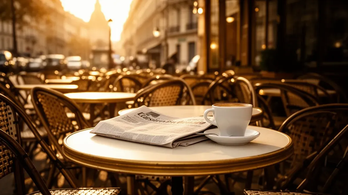 Terrasse de café parisien à l'heure dorée, avec un journal et une tasse de café, évoquant les débats médiatiques autour de Charles Consigny