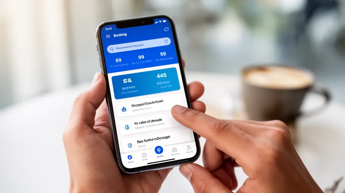 Smartphone affichant l'application bancaire Ma Banque avec écran d'accueil