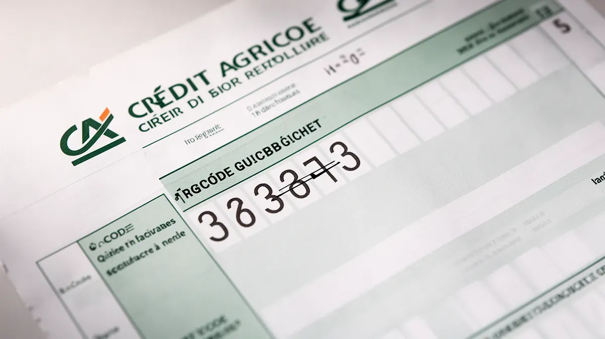 Gros plan sur un relevé d'identité bancaire Crédit Agricole avec le code guichet mis en évidence.