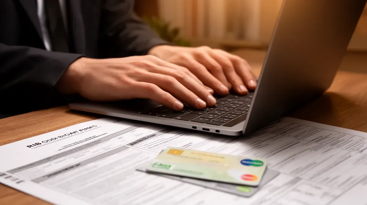 Mains d'une personne tapant sur un clavier d'ordinateur avec une carte bancaire et un RIB à proximité, illustrant la saisie du code guichet.
