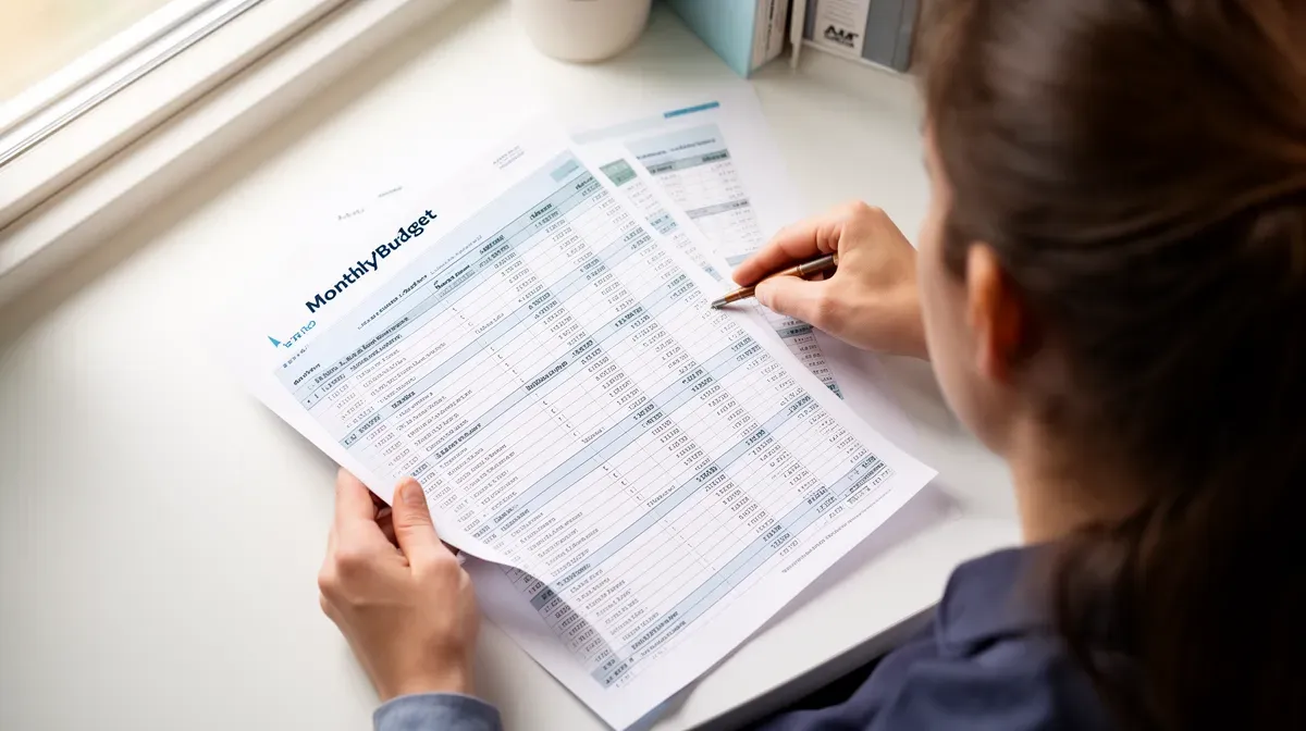 Vue de dessus d'une personne consultant un tableau de budget mensuel sur un bureau, symbolisant la gestion des dépenses
