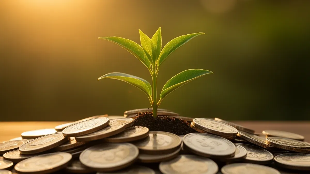 Gros plan sur une plante qui pousse à partir d'un tas de pièces de monnaie, représentant la croissance des revenus passifs