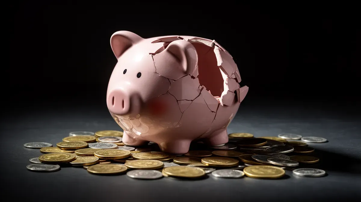 Tirelire fissurée et vide sur un fond sombre avec des pièces éparpillées, illustrant les pièges financiers à éviter