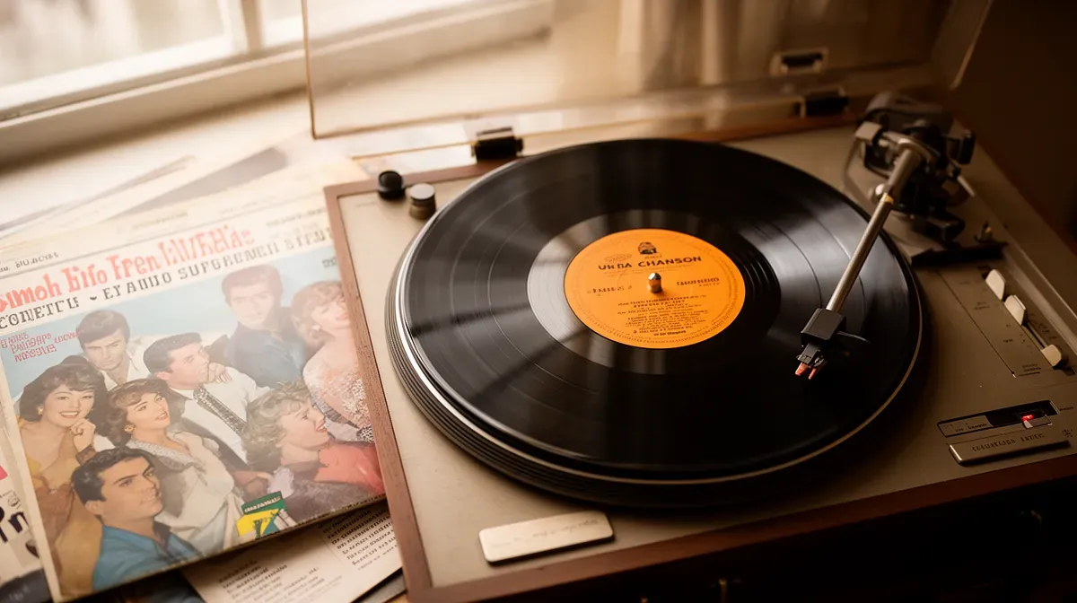Disque vinyle de chanson française sur une platine vintage